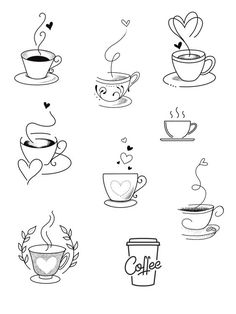 coffee cups with hearts on them are drawn in black and white, as well as the word