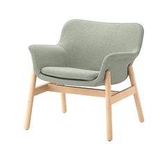 an upholstered chair with wooden legs and a light green fabric seat pad, viewed from the front