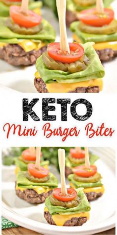 keto mini burger bites with lettuce, tomato and cheese on them are ready to be eaten