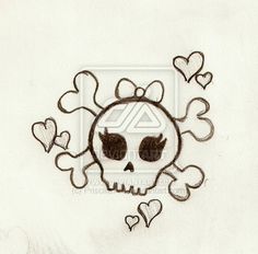 a drawing of a skull with hearts on it's side and the word love is in the middle