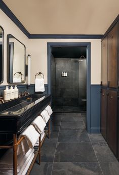 a bathroom with black tile floors and walls, along with a walk - in shower