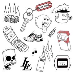 a bunch of different items that are drawn in black and white on a white background