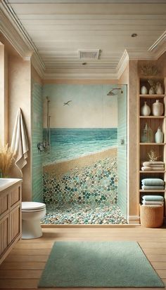 a bathroom with a painting on the wall next to a bathtub and shower stall