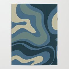 a blue and beige abstract painting with wavy lines