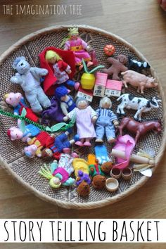 a basket filled with toys on top of a wooden table