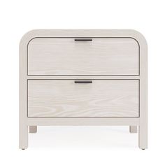 a white nightstand with two drawers on each side and an open drawer in the middle