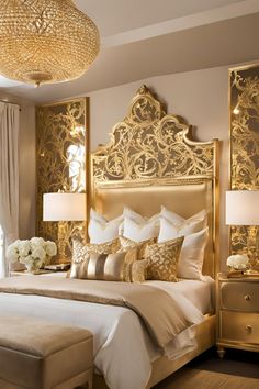 a bedroom with gold accents and white bedding