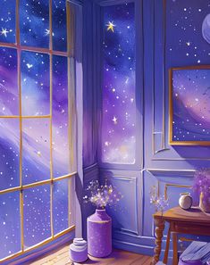 an image of a room with stars painted on the walls and purple furniture in it