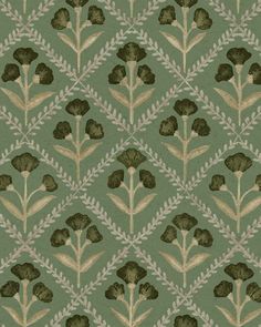 a green and gold wallpaper with flowers on it