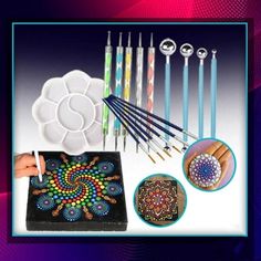 an assortment of beading supplies including pens, needles and beads on a purple background