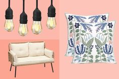 an assortment of lighting fixtures and pillows on a pink background