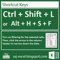 a green sign that says shortcut keys ctrl + shift + l or alt + h + s + f