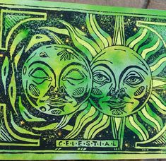 a green and black drawing of two faces on a piece of paper with the words celestial written below it