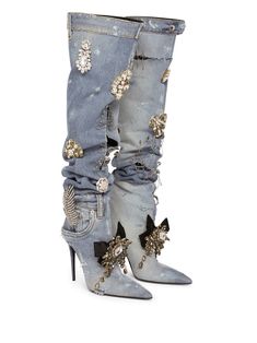 Denim Knee High Boots, Rhinestone Boots, Denim Heels, Design 2023, Shoes Design, Denim Boots, Patchwork Denim, Crystal Shoes, Dolce E Gabbana