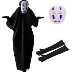 a person in a ghost costume with black gloves and a white mask next to it