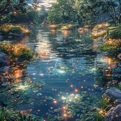 a river with lots of lily pads floating on it's surface and lights in the water