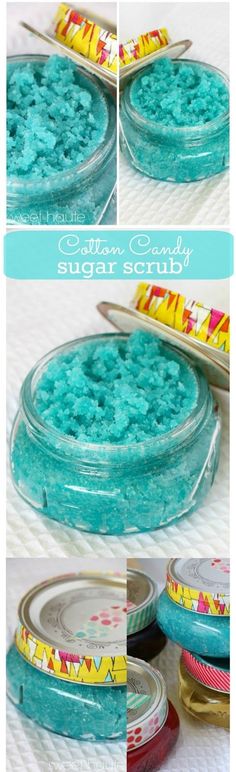 three different pictures of blue and green sugar scrubs