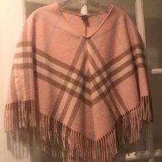 Burberry Fringed Poncho In Blush, Caramel, Baby Blue And Ivory Stripe. Merino Wool And Cashmere. Beautiful And Feminine And Unique! Lime Green Scarf, Burberry Poncho, Pink Plaid Scarf, Caramel Baby, Red Pea Coat, Burberry Plaid, Burberry Classic, Fringed Poncho, Green Scarf