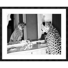 two cheetah sitting in front of a mirror looking at their own selfs