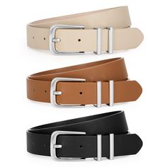 PRICES MAY VARY. Reliable Material: The business casual leather belt is made of faux leather, which more soft and comfortable to wear. The buckle is made of zinc alloy, solid and durable. You will receive 3 belts in different colors. Trendy Buckle: Stylish high-end gold buckle belt with two practical metal belt loops. This casual dress belt for women is a must-have for any millennial wardrobe! We also have silver buckle belts available! Versatile Belt: The 3 Pack Women Leather Belt offers versat Must Have Belts For Women, Trendy Leather Belts For Business, Classic Belt With Gold Buckle And Adjustable Fit, Brown Belt With Buckle For Everyday Use, Trendy Belts For Women, Classic Beige Leather Belt, Brown Belt Womens, Leather Dress Fashion, Belt Buckle For 2.5” Wide Belt