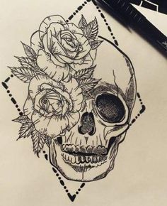 a drawing of a skull with roses on it