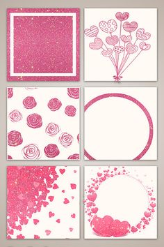 pink and white greeting cards with hearts, flowers, and circles on them are displayed