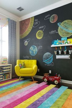 a child's room with colorful rugs and chalkboard walls