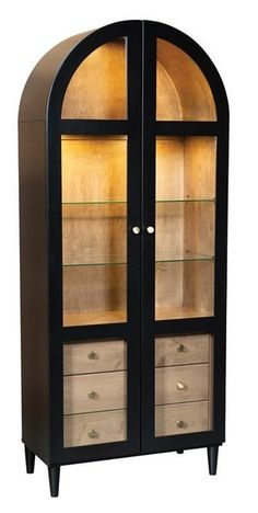 an arched glass display cabinet with drawers in black and gold color, on white background