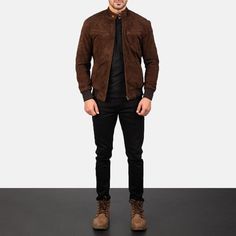 Mens Brown Suede Jacket Outfit, Mens Black Vest Outfit Casual, Mens Capsule Wardrobe Rugged, Men Brown Jacket Outfit, Brown Jackets Men, Boomer Jacket Outfit Men, Men's Bomber Jacket, Mens Suede Jacket Outfit, Men Leather Jacket Outfit Casual