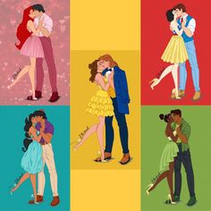 four different colored images of people hugging each other and one is kissing the other's head