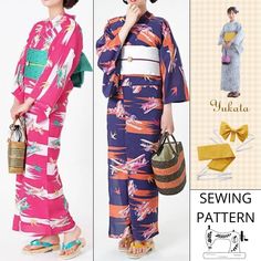 "Sewing pattern for making a Yukata and an Obi belt for women * Tutorial in JAPANESE (You can contact us for translation assistance) Note: The \"Free\" phone application [Google Lens] allows you to translate any document into your native language using your phone's camera lens. The translation is instant! * Pattern in paper format ## 2-part Yukata \"Special Easy to Put on and Wear\" * Kimono jacket + long straight wrap skirt * Obi Belt + Back Knot * Recommended size: between 150~170 centimeters Kimonos, Kimono Pattern Free, Yukata Women, Elsa Style, Kimono Sewing Pattern, Japanese Sewing Patterns, Circular Knitting Machine, Kimono Obi, Traditional Japanese Kimono