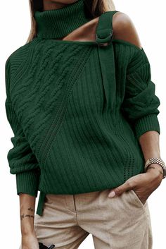 Women Green Strapped Cut out Shoulder Turtleneck Sweater Specifications Decoration shoulder strap, hollow out Size Type regular Sleeve Length full sleeve Neckline turtleneck Pattern solid Occasion winter, spring & autumn Style casual Material 100%Acrylic •Comfortable, versatile and soft, this lightweight turtleneck sweater is perfect on its own or as a layer under a blazer or jacket •The turtleneck is elegant while the strapped cut out shoulder design is chic •Turtleneck keeps your neck from col Loose Jumper, Sweater Tops, Off Shoulder Sweater, Winter Trends, Women's Sweaters, Cute Sweaters, Winter Sweaters, Jumper Sweater, Casual Pullover