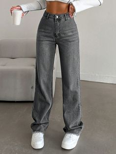 High Waist Straight Leg Jeans For Dailywear Grey Casual   Denim Plain Straight Leg Non-Stretch  Women Clothing, size features are:Bust: ,Length: ,Sleeve Length: Cute Jeans High Waisted, Womens Straight Leg Jeans, Trending Jeans, Fall Thrift, Thrift List, Grey Denim Jeans, Gray Jeans, Girls Fall Outfits, 2024 Christmas