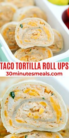 taco tortilla rolls with cheese and spinach on top in a white dish