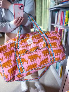 Handmade Quilted Boho Weekend Bag | Indian Tiger | Bombaby – Bombaby Indian Tiger, Neon Heart, Pink Tiger, Dream Bag, Sac Diy, Neon Style, Neon Fashion, King Size Quilt, Holiday Bag