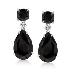 Ross-Simons - Black Onyx Drop Earrings in Sterling Silver. An RS exclusive. Be bold! These high-drama drop earrings feature 20x13mm pear-shaped and 8x8mm square cushion-cut black onyx gems in gleaming sterling silver settings, sparked at the middle with shimmery diamond accents. Hanging length is 1 1/8". Post backing, black onyx drop earrings. Black Drop Earrings For Formal Occasions, Classic Teardrop Earrings For Evening, Expensive Necklaces, Jewelry Presentation, Black Onyx Earrings, Onyx Earrings, Onyx Stone, Stone Cuts, Fine Jewellery Earrings