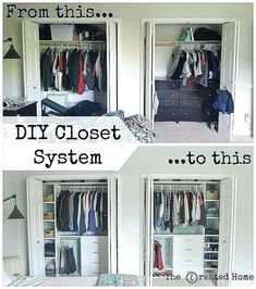 two pictures of closets with clothes hanging on them and the words diy closet system to this