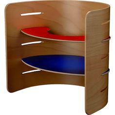 a wooden shelf with two red and blue shelves on top of it, against a white background