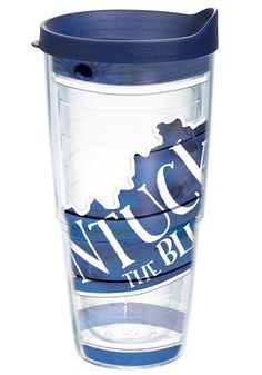 a blue and white plastic cup with the words nice time on it's side