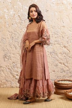 Shop for Naaz By Noor Pink Chanderi Round Neck Kurta Sharara Set for Women Online at Aza Fashions Sheer Dupatta, Embroidered Sharara, Kurta Sharara Set, Pink Kurta, Purple Outfit, Kurta Sharara, Purple Outfits, Designer Party Wear Dresses, Embroidery Floral