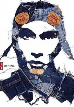 a drawing of a man with headphones on his ears and wearing denim clothes,