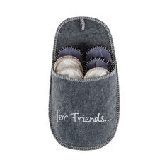 two pairs of shoes in a pouch with the words for friends written on it,