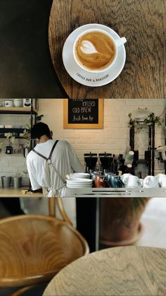 a coffee shop with a man working behind the counter in front of a cup of coffee