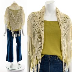 - Cream Knit Shawl - Fringe on End Fits like:  One Size Fits Most Material:  Knit Cotton Condition:  Good to Great Clipped on Mannequin:  No ✂ SIZE + FIT ✂ Length: 30" / 76 cm Shoulders, seam to seam: 49" / 124 cm Bust: 52" / 132 cm All measurements are taken with garment lying flat. ALWAYS refer to measurements as vintage sizes can vary greatly from today's modern sizes. We recommend comparing measurements above with a similar style garment you own for best fit before purchasing.  DRESS FORM / MANNEQUIN is wearing the size detailed above but she typically measures a size 4/6 by modern retail sizes or a general size small. Belt Accessories and other clothes are NOT included. ▲▲All Garments Have Been Laundered/Steamed or Dry Cleaned and are Ready-To-Wear▲▲ Are you interested in purchasing b Macrame Shawl, Dress Form Mannequin, Knit Shawl, Good To Great, Belt Accessories, Knitted Shawls, Dress Form, Knit Cotton, Shawls And Wraps