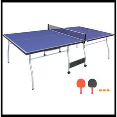 two ping pong tables with paddles in front of it and an ad for ping pong