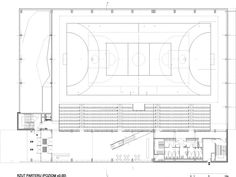 the floor plan for an indoor basketball court, with seating areas on one side and two courts on the other