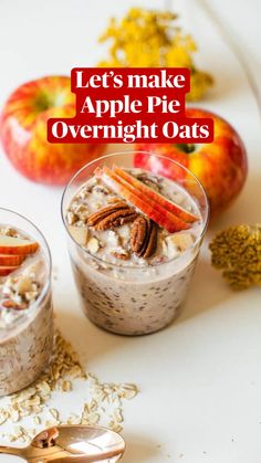 two cups filled with oatmeal and topped with pecans, carrots and apples