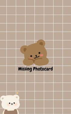 two teddy bears sitting next to each other on a tile wall with the words missing photocard