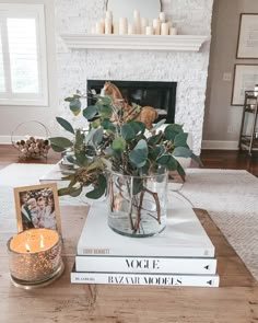 a vase filled with flowers sitting on top of two books in front of a fireplace