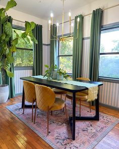 a dining room table with chairs and a potted plant in the corner next to it